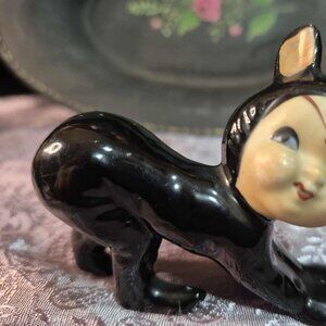 RARE Kewpie Black Cat Pixie Figurine - MCM Elf Miniature Large Ears 1950s Japan